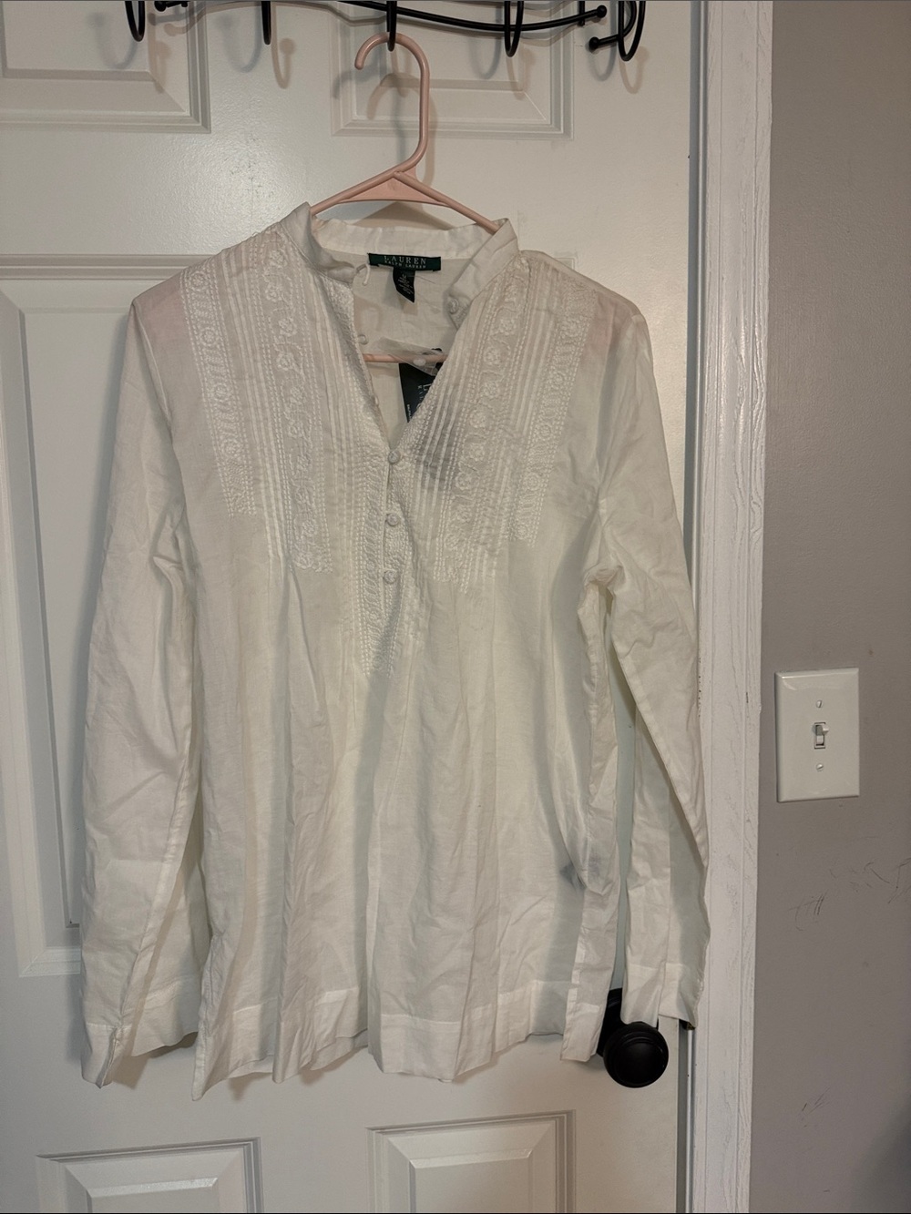 Lauren Ralph Lauren white lace trim pintucked cotton voile shirt